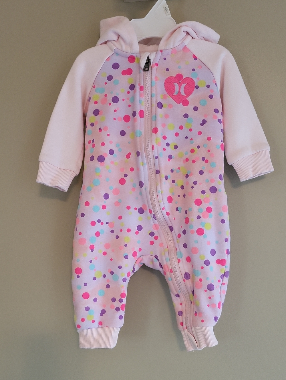 Hurley pink polka dot hooded footless footie